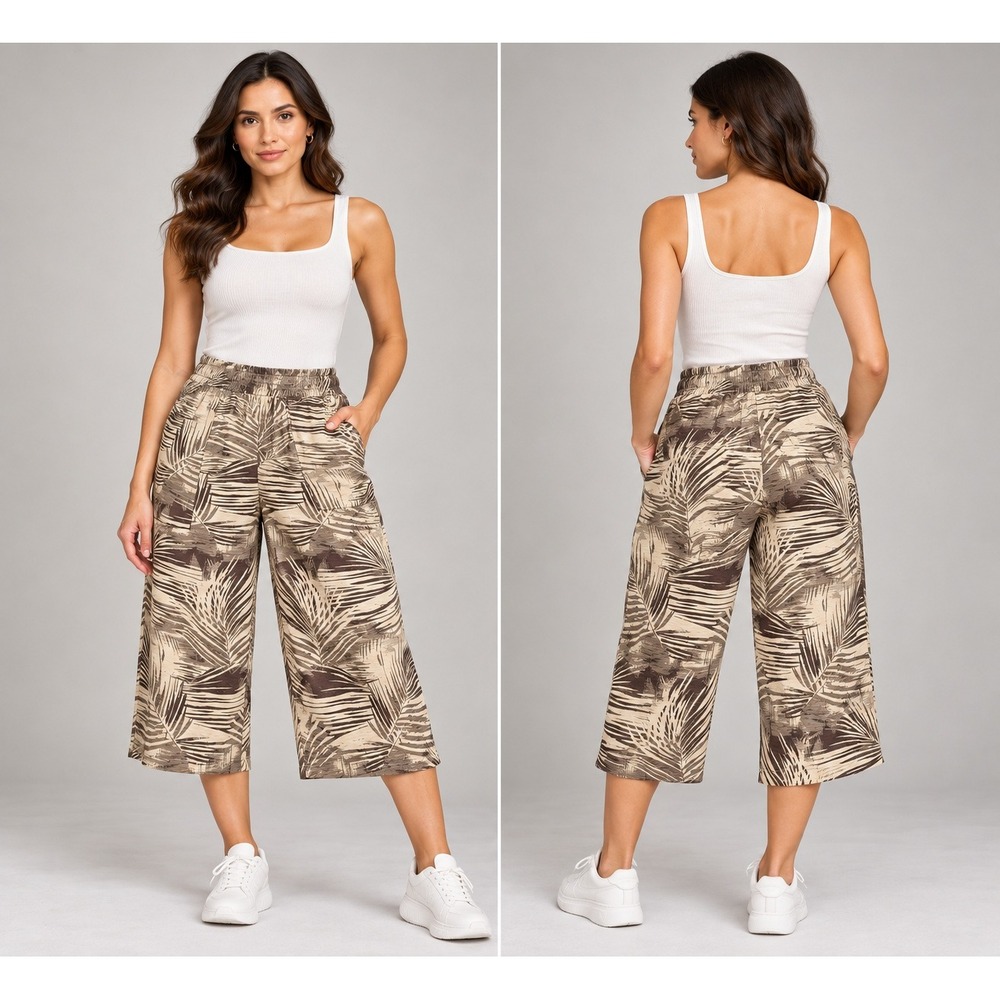 Simply Vera Vera Wang Wide Leg Pants Womens XXL Tan New Palm Print High Rise